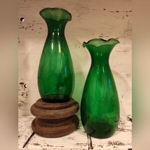 Vintage MCM Anchor Hocking Forest Green Crimped Edge Vases Set/2 Cottagecore